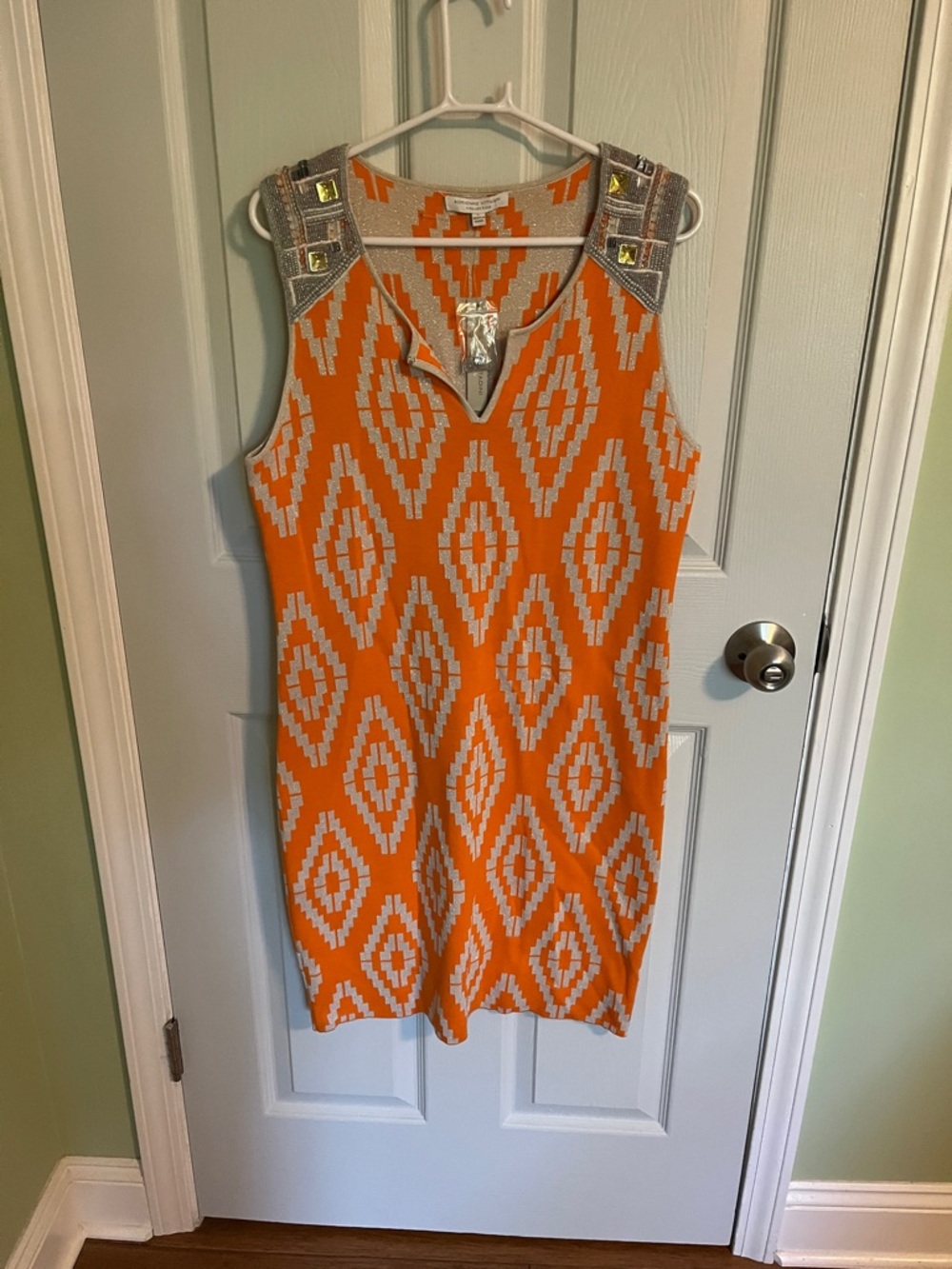 Adrienne Vittadini Orange and Cream Knit Beaded-Shoulder Dress